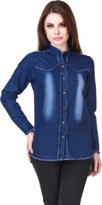 Clo Clu Women's Solid Casual Denim Dark Blue Shirt