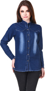 Clo Clu Women's Solid Casual Denim Dark Blue Shirt