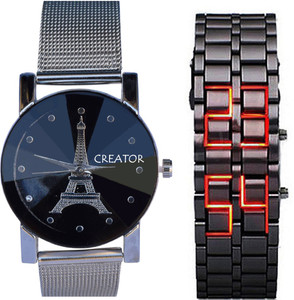 Creator Eiffel Tower Printed Dial And Led Metal Analog-Digital Watch - For Men & Women