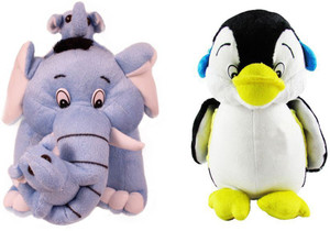 Tabby Toys Mother Elephant With Baby 30 cm And Penguine Stuff Toy - 25 cm