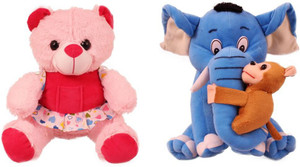 Tabby Toys Frock Teddy 35 cm And Elephant With Monkey Stuff Toy - 35 cm
