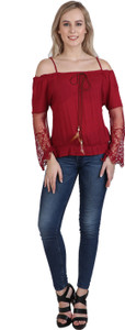 Western World Party Bell Sleeve Lace Women's Maroon Top