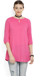 People Casual 3/4th Sleeve Solid Women's Pink Top