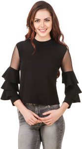 BrandMeUp Party 3/4th Sleeve Solid Women's Black Top