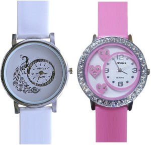 Spinoza Glory pink diamond studded heart and designer white peacockpack of 2 Analog Watch  - For Girls