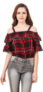 BrandMeUp Party Noodle strap Checkered Women's Red Top