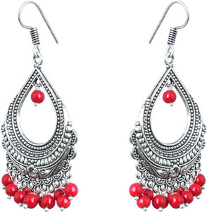Waama Jewels Elegant Pair Of Red Color Pearl Silver Plated Bali Dangle & Drop Perfect For All Occasions Pearl Brass Drop Earring