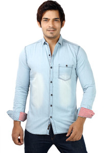 SHADE-45 Men's Solid Casual Denim Light Blue Shirt