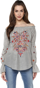 Taurus Casual Full Sleeve Embroidered Women's Grey Top