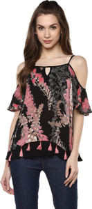 Taurus Casual Short Sleeve Floral Print Women's Black Top