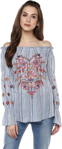 Taurus Casual Full Sleeve Embroidered Women's Blue Top