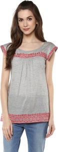Taurus Casual Short Sleeve Embroidered Women's Grey Top