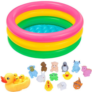 Techhark 2 Ft Intex Baby Bath Tub With Pack Of 16 Sounding Chu Chu Bath Toymulticolor