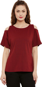 Miss Chase Casual Short Sleeve Solid Women's Maroon Top