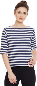 Miss Chase Casual Short Sleeve Striped Women's Blue, White Top