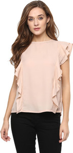 Miss Chase Casual Sleeveless Solid Women's Beige Top