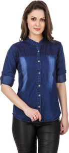 Trendyfrog Girls Solid, Embroidered Casual Denim Blue Shirt