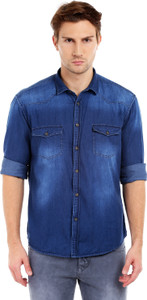 Dennis Lingo Men's Solid Casual Denim Blue Shirt
