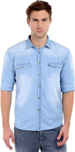 Dennis Lingo Men's Solid Casual Denim Light Blue Shirt