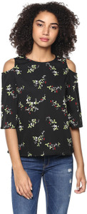 Harpa Casual Short Sleeve Floral Print Women's Black Top