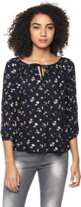Harpa Casual 3/4th Sleeve Floral Print Women's Black Top