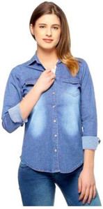 ARP Girl's Self Design Casual Denim Light Blue Shirt