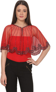 Saadgi Casual Half Sleeve Embellished Women Red Top