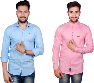 Duenite Men's Solid Casual Blue Shirt