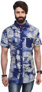 Vintage Soul Men's Floral Print Casual Blue Shirt