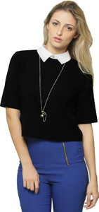 Miss Chase Casual Short Sleeve Solid Women's Black Top