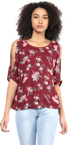 Harpa Casual Short Sleeve Floral Print Women's Maroon Top