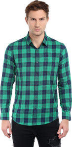 Dennis Lingo Men's Checkered Casual Green, Dark Blue Shirt