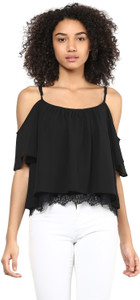 Harpa Casual Cold Shoulder, Noodle strap Solid Women's Black Top