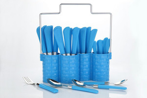Divine New Multi Blue Color 24-Piece cutlery set with 1 Stand, 4 Different type of Spoons Stainless Steel, Plastic Cutlery Set