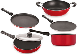 NIRLON Aluminium Cookware Set, Red & Black Tawa, Tawa, Pan, Kadhai, Pan Set