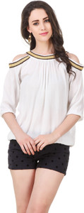 Pour Femme Party 3/4th Sleeve Embroidered, Stylised, Embellished Women's White Top