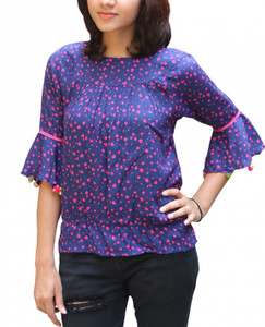 monic wears Party 3/4th Sleeve Printed Women's Blue Top