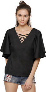Marzeni Party Bell Sleeve Solid Women's Black Top