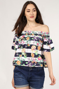 SASSAFRAS Casual Half Sleeve Floral Print, Striped Women's Multicolor Top