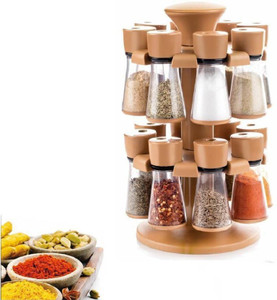 Divine 16 Pcs Revoling Spice Racks Set Brown Condiment Set