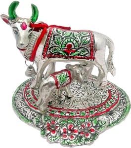 art n hub kamdhenu cow and calf pooja mandir idol - home décor gift statue(h-10 cm) decorative showpiece  -  10 cm(aluminium, silver)