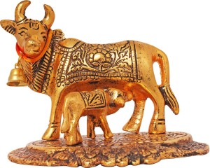art n hub kamdhenu cow and calf pooja mandir idol - home décor gift statue(h-10 cm) decorative showpiece  -  10 cm(aluminium, gold)