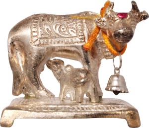 art n hub kamdhenu cow and calf pooja mandir idol - home décor gift statue(h-6 cm) decorative showpiece  -  6 cm(aluminium, silver)