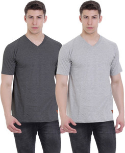 FAB69 Solid Men's V-neck Grey T-Shirt