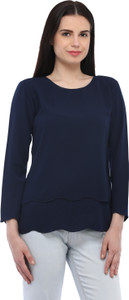 Cottinfab Casual 3/4th Sleeve Solid Women's Blue Top