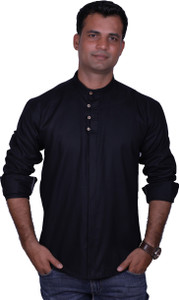 Royal Crown Men's Solid Casual Linen Black Shirt