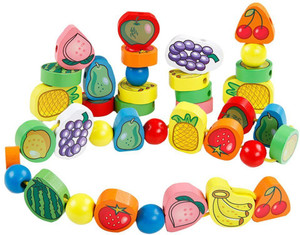 Trinkets & More - 56 Piece Fruit Bead Wooden Lacing Toy | Stringing Beading Game | Early Educational Toys Kids 3+ Years