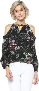 Harpa Casual Full Sleeve Floral Print Women's Black Top