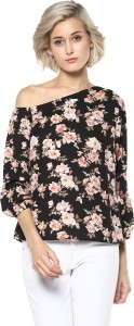 Harpa Casual 3/4th Sleeve Floral Print Women's Black Top