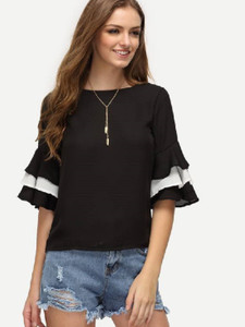 Divinity Casual Bell Sleeve Solid Women's Black Top